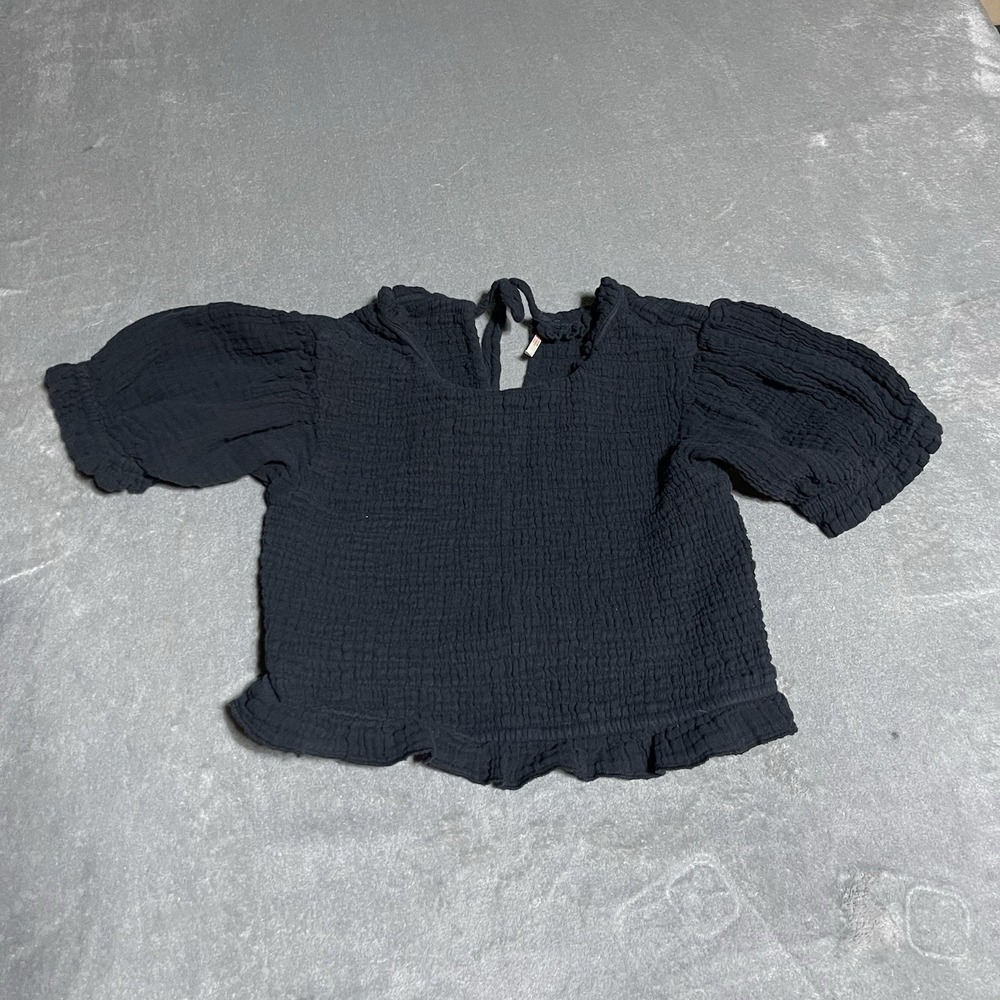 Free People Top Womens Large Black Sight To See Puff Sleeve Smocked‎ Crop Top